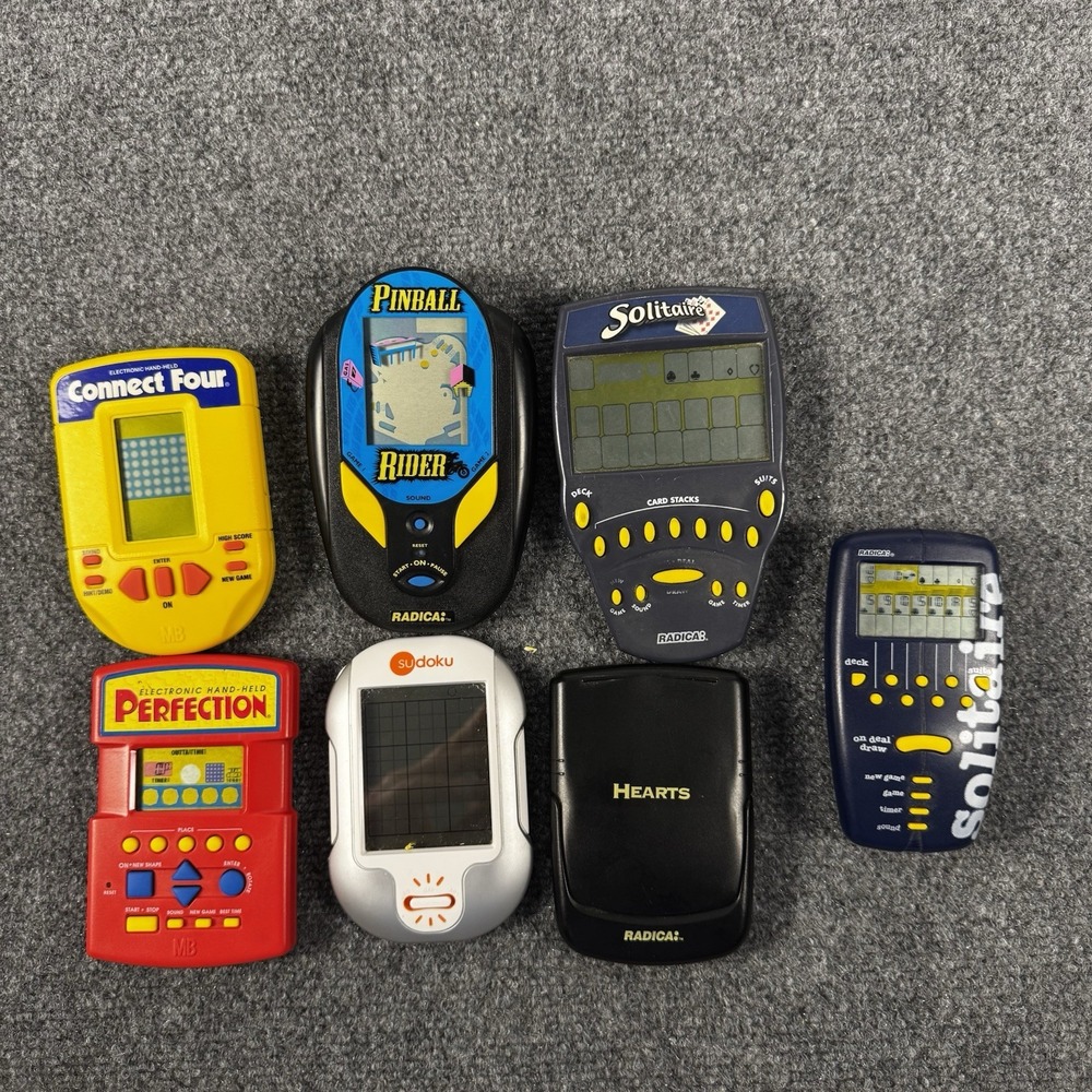 Lot of 7 Vintage Handheld Electronic Games Radica Milton Bradley Solitaire Retro